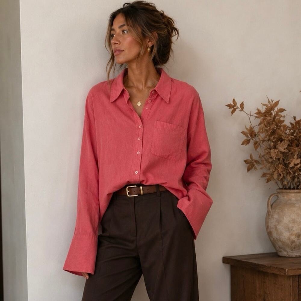 Banana Republic BR Linen Long Sleeve Skimmer Button-Up Shirt Pink Womens Medium